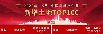 2023年1-5月中国房地产企业新增土地TOP100排行榜，东升国际以27.8万平方米的新增土地建面成功登榜